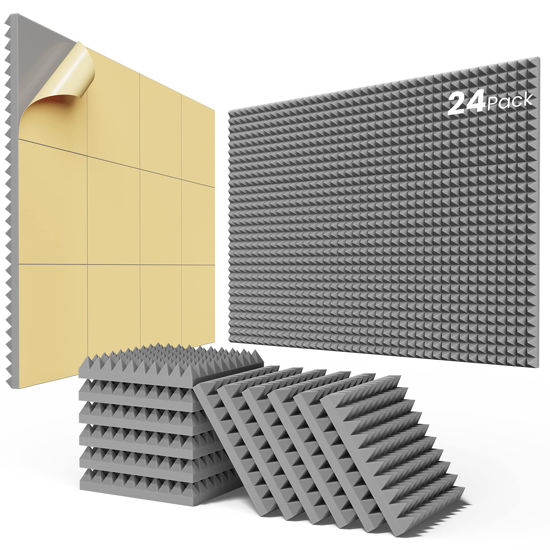 Picture of Upgraded 24 Pack Self-adhesive Sound Proof Foam Panels 2" X 12" X 12" - Acoustic Panels with High Density, Pyramid Design Acoustic Foam. Fast Expand, Absorbs Sound and Eliminates Echoes