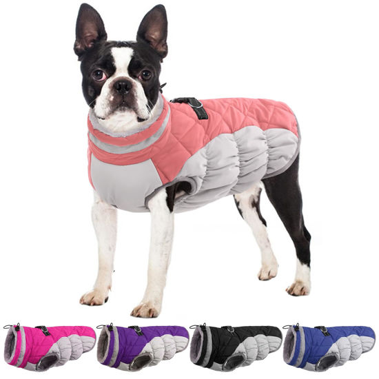 Picture of OUOBOB Winter Dog Coat,Large Dog Jacket,Waterproof Dog Jacket with Back Zipper,Dog Coat with Harness Built in,Warm Dog Coat with Fleece Lined,Dog Snow Jacket Clothes French Bulldog Shiba Inu Pink L