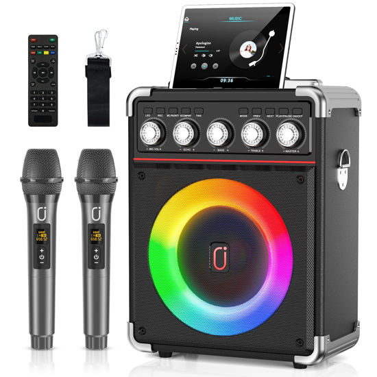 Picture of Karaoke Machine with 2 Microphones: HWWR Portable Karaoke Machine for Adults Kids, Bluetooth Karaoke Speaker with Bass/Treble Adjustment, PA System with Remote Control/LED Lights, Support REC/USB/AUX