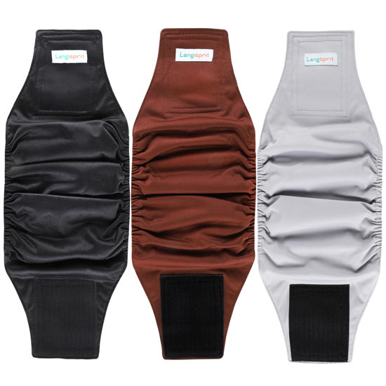 Picture of Langsprit Male Belly Bands for Dogs (Pack of 3) - High Absorbing Dog Wraps Male Washable - Reusable Male Dog Diapers (Black,Gray,Coffee, Large)