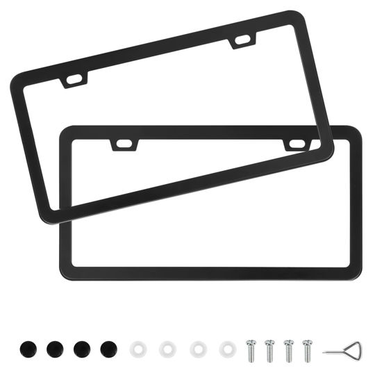 Picture of QUANQIUFEI 2 Pack Black License Plate Frames, Stainless Steel License Plate Cover, Matte License Plate Holder Car Accessories with Screw Caps（2 Holes）