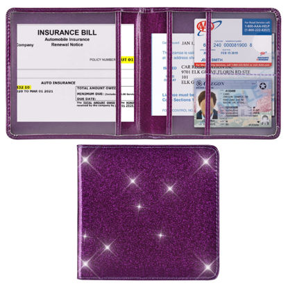 Picture of Cacturism Car Registration and Insurance Holder, Vehicle Glove Box Car Organizer Men Women Wallet Accessories Case for Cards, Essential Document, Driver License, Bling Purple