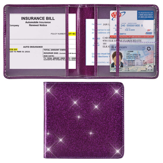 Picture of Cacturism Car Registration and Insurance Holder, Vehicle Glove Box Car Organizer Men Women Wallet Accessories Case for Cards, Essential Document, Driver License, Bling Purple