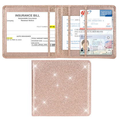 Picture of Cacturism Car Registration and Insurance Holder, Vehicle Glove Box Car Organizer Men Women Wallet Accessories Case for Cards, Essential Document, Driver License, Bling Rose Gold