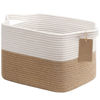 Picture of Goodpick Woven Storage Baskets for Organizing, Dog Toy Basket Medium Empty Gift Basket with Handles, Square Wicker Basket, White and Jute Storage Bin, 13.5 x 11 x 9.5 Inches