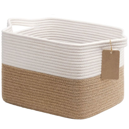 Picture of Goodpick Woven Storage Baskets for Organizing, Dog Toy Basket Medium Empty Gift Basket with Handles, Square Wicker Basket, White and Jute Storage Bin, 13.5 x 11 x 9.5 Inches