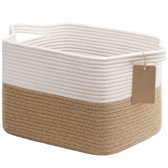 Picture of Goodpick Woven Storage Baskets for Organizing, Dog Toy Basket Medium Empty Gift Basket with Handles, Square Wicker Basket, White and Jute Storage Bin, 13.5 x 11 x 9.5 Inches