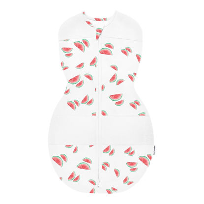 Picture of Happiest Baby Sleepea 5-Second Swaddle - 100% Organic Cotton Baby Swaddle Blanket - Doctor Designed Promotes Healthy Hip Development (Ivory Watermelons, X-Large)