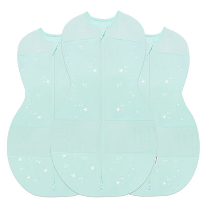 Picture of Happiest Baby Sleepea 5-Second Swaddle - 100% Organic Cotton Baby Swaddle Blanket - Doctor Designed Promotes Healthy Hip Development - 3-Pack Newborn Bundle (Teal Stars, 2 x Small, 1 x Medium)