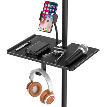 Picture of Functional Metal Microphone Stand Tray with Phone Holder - Universal Large Mic Stand Tray Shelf Clamp on Music Stand Tray Attachment for Studio Concert Karaoke Stands with 11.7" x 7.8" for Storage