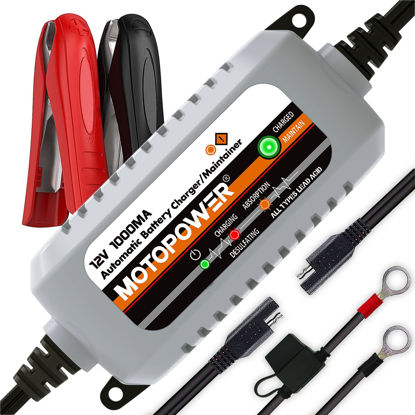 Picture of MOTOPOWER MP00205B 12V 1000mA Automatic Battery Charger, Battery Maintainer, Trickle Charger, and Battery Desulfator with Timer Protection - Grey