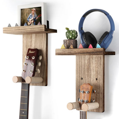 Picture of Keebofly Guitar Wall Mount,2 Pack Guitar Hanger Wall Guitar Shelf with Pick Holder Wood Guitar Rack for Acoustic or Electric Guitar,Ukulele,Bass,Mandolin,Brown(Patented)