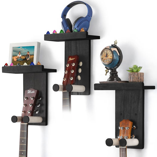 Picture of Keebofly Guitar Wall Mount,3 Pack Guitar Hanger Guitar Stand Wall with Pick Holder Guitar Rack for Acoustic or Electric Guitars,Ukulele,Bass,Mandolin,Rustic Wood Black,[Patented]