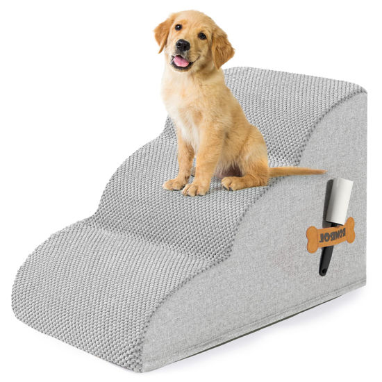 Picture of Romrol Dog Stairs Ramp for Beds Couches, Extra Wide Pet Steps with Durable Non-Slip Waterproof Fabric Cover, Pets Slope Stairs, 3-Tiers,Light-Grey, 15 Inch