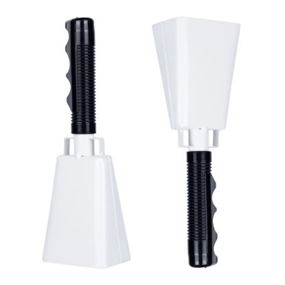 Picture of Steel Cowbell with Handle 8 Inch Cow Bells Noise Makers, 2 Pack Large Cowbells for Sporting Events, Hand Percussion Cowbells Cheering Bell for Football Game Party Concert Graduation School (White)