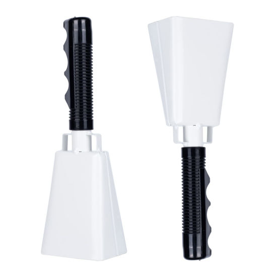 Picture of Steel Cowbell with Handle 8 Inch Cow Bells Noise Makers, 2 Pack Large Cowbells for Sporting Events, Hand Percussion Cowbells Cheering Bell for Football Game Party Concert Graduation School (White)