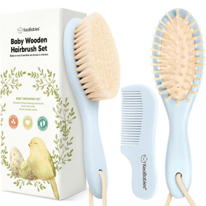 Picture of Baby Hair Brush and Comb Set for Newborn - Wooden Baby Hair Brush Set with Soft Goat Bristle, Baby Brush Set for Newborns, Baby Brush and Comb Set Girl, Boy, Toddler Cradle Cap Brush (Oval, Frost)