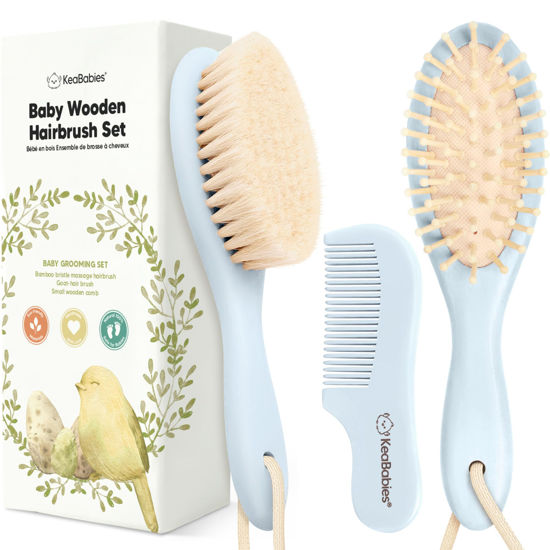Picture of Baby Hair Brush and Comb Set for Newborn - Wooden Baby Hair Brush Set with Soft Goat Bristle, Baby Brush Set for Newborns, Baby Brush and Comb Set Girl, Boy, Toddler Cradle Cap Brush (Oval, Frost)