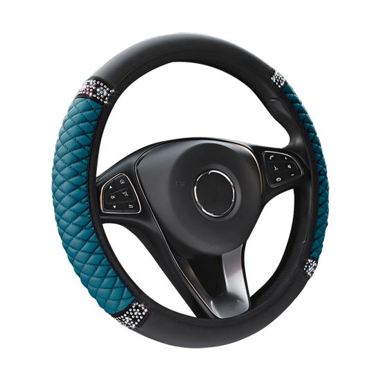 Picture of Fekey&JF Bling Soft Leather Steering Wheel Cover, 15 Inch Colorful Rhinestones Auto Elastic Steering Wheel Protector, Sparkly Crystal Diamond for Women Girls, Car Interior Accessories (Dark Green)