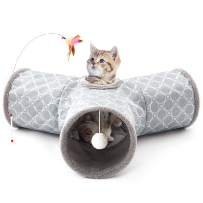 Picture of Tempcore Pet Cat Tunnel Tube Cat Toys 3 Way Collapsible, Cat Tunnels for Indoor Cats Fleece-Lined in for Warmth，Kitty Tunnel Bored Cat Pet Toys Peek Hole Toy Ball Cat, Puppy, Kitten, Geometry Grey