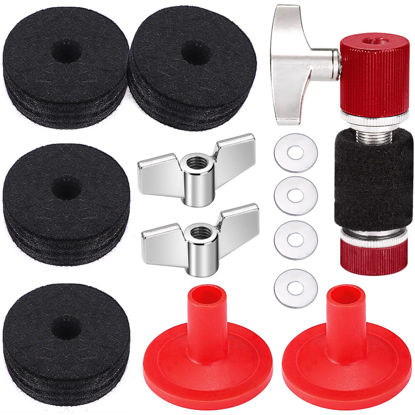 Picture of Facmogu 13PCS Cymbal Replacement Accessories, Standard Hi-Hat Clutch, Drum Cymbal Felt Pads Include Wing Nuts & Washers & Plastic Cymbal Sleeves, Replacement for Drum Set - Red