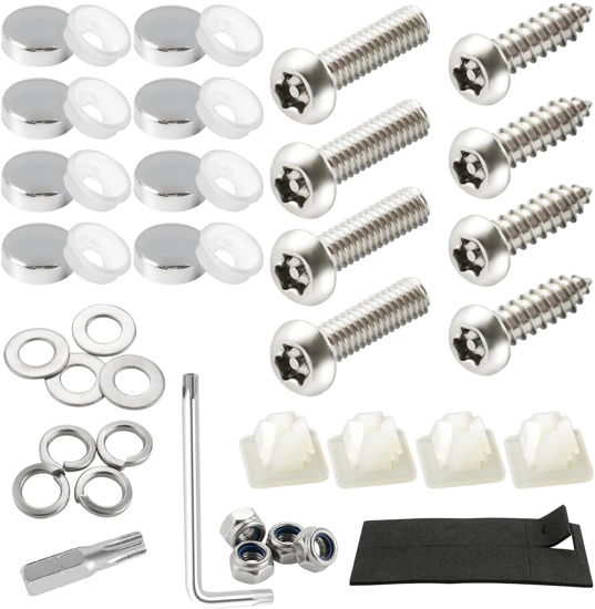 Picture of LivTee Anti Theft License Plate Screws Set for Securing Frames and Covers, License Plate Bolts, M6 (1/4") Tamper Proof Screws, Fastener Nut, Caps Cover for Front Rear Frame Holder Mounting - Silver