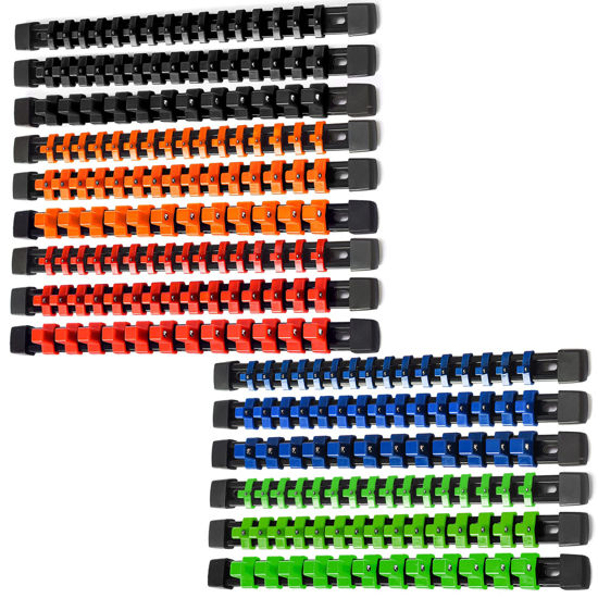 Picture of ALOANES 15 PC ABS Socket Organizer,1/2 inch, 3/8 inch, and 1/4 inch Drive Socket Rail Holders, Heavy Duty Socket Racks, Black Rails with 5 Color Clips