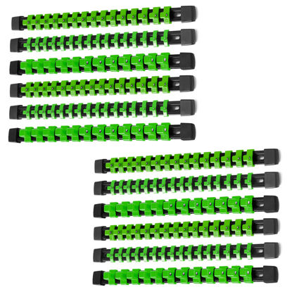 Picture of ALOANES 12 PC ABS Socket Organizer,1/2 inch, 3/8 inch, and 1/4 inch Drive Socket Rail Holders, Heavy Duty Socket Racks, Black Rails with Green Clips