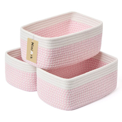 Picture of MiniArk Shelf Storage Baskets for Organizing | Closet Organizer Bins | Small Baskets | Toy Basket | Cute Decorative Basket | Cube Storage Bin | Woven Rope Basket | 11.5×7.5×4.7” | 3 Packs White Pink