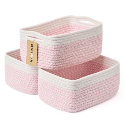 Picture of MiniArk Shelf Storage Baskets for Organizing | Closet Organizer Bins | Small Baskets | Toy Basket | Cute Decorative Basket | Cube Storage Bin | Woven Rope Basket | 13×8.5×5.1” | 3 Packs White Pink