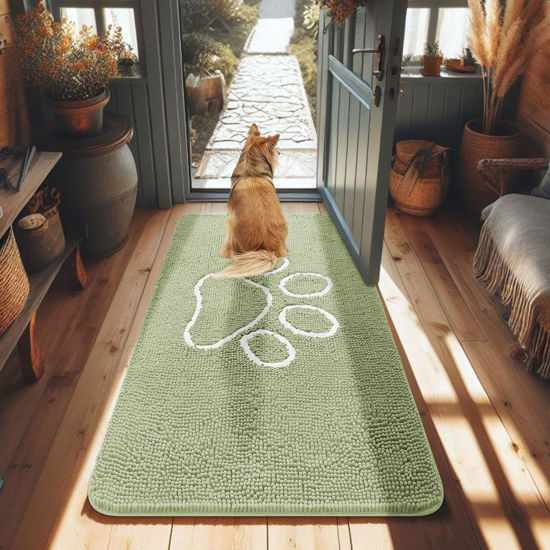 Picture of Smiry Dog Door Mat for Muddy Paws, Absorbent Dirt Trapper Non-Slip Washable Mat, Quick Dry Chenille, Mud Mat for Dogs, Entry Indoor Door Mat for Inside Floor (48x30 Inches, Sage Green)