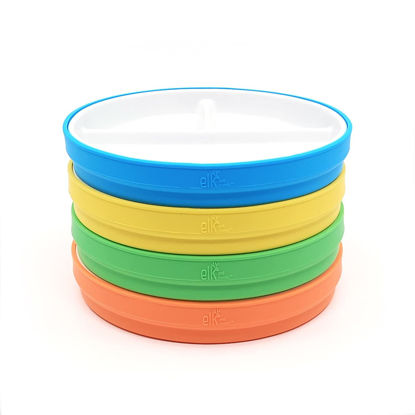 Picture of Elk and Friends Kids 6.7” Porcelain White Plates with Silicone Sleeves | Divided Plates | Suitable for Kids/Toddlers | Microwave & Dishwasher Safe | Non Slip | Snack Dishes