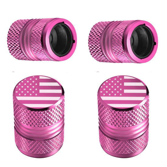 Picture of Tire Valve Stem Caps - 4 Pack Anti-Corrosion Premium Anodized Alloy Tyre Air Valve Caps American Flag for Car SUV Bike Pink