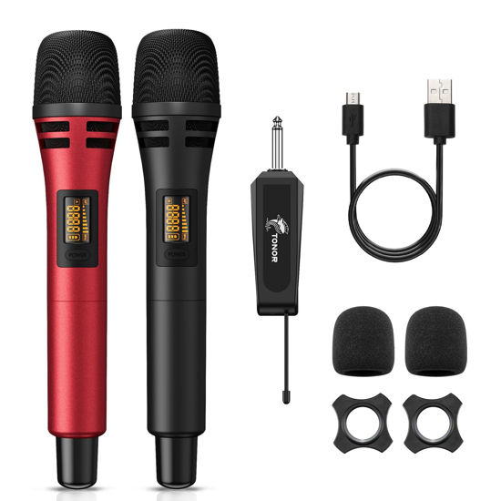 Picture of Wireless Microphones, TONOR UHF Dual Karaoke Microphone System, Microfonos Inalambricos with Rechargeable Receiver Cordless Dynamic Mic Micro Kit for Singing, Wedding, DJ Party, Speech TW320 Black&Red