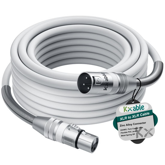 Picture of XLR to XLR Cable 15 Feet, Premium XLR Microphone Cable, Heavy Duty 22AWG OFC XLR Male to Female Cord, 3-Pin Shielded Mic Speaker Cable, Zinc Alloy Connectors, Metal Spring SR, White