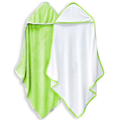 Picture of 2 Pack Baby Bath Towel - Rayon Made from Bamboo, Ultra Soft Hooded Towels for Babies,Toddler,Infant - Newborn Essential -Perfect Baby Registry Gifts for Boy Girl (White and Green, 30 x 30 Inch)