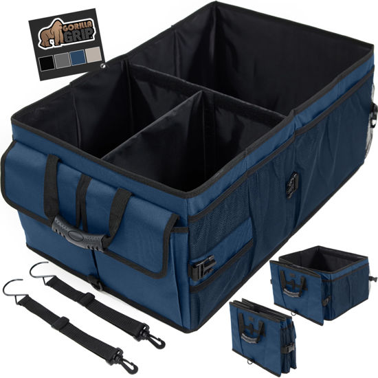 Picture of Gorilla Grip Large Capacity Sturdy Trunk Storage Organizer, Slip and Water Resistant Collapsible Organization Container for Car Sedan or SUV, Multi Compartment Container Box Vehicle Accessories, Blue