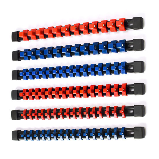 Picture of ALOANES 6 PC ABS Socket Organizer,1/2 inch, 3/8 inch, and 1/4 inch Drive Socket Rail Holders, Heavy Duty Socket Racks, Black Rails with Red and Blue Clips