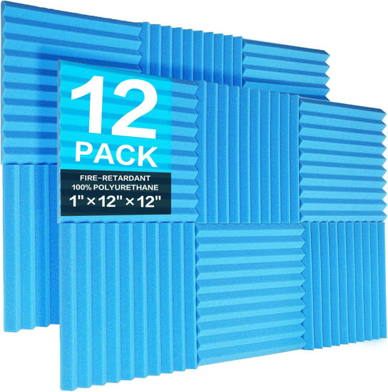 Picture of JBER 12 Pack Acoustic Foam Panels, 1" X 12" X 12" Sound Proof Foam Panels for Walls, High Desnsity Studio Soundproofing Wedges - Fire Resistant & Noise Absorbing for Studio, Office, Home (Blue)