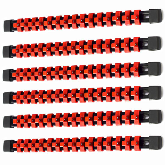 Picture of ALOANES 6 PC ABS Socket Organizer, 3/8 inch, Drive Socket Rail Holders, Heavy Duty Socket Racks, Black Rails with Red Clips