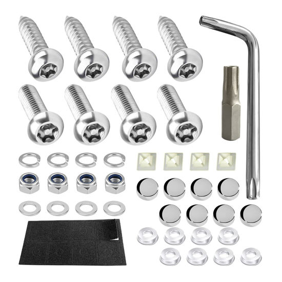 Picture of YALOK Anti Theft License Plate Screws Kits- Rustproof Stainless Steel Car Tag Plate Mounting Hardware, M6 (1/4") Tamper Proof Fastener Nut, Caps Cover for Front Rear Frame Holder Mounting（Silver-Set1）