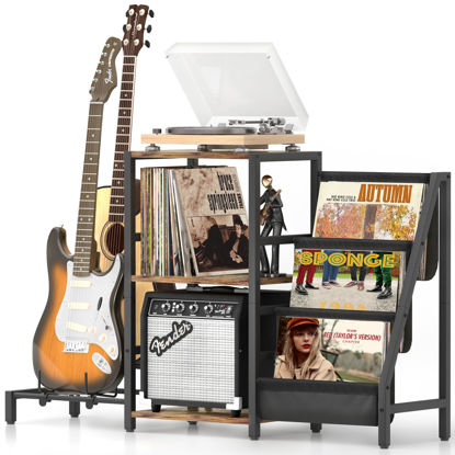 Picture of Bikoney Record Player Stand with Guitar Holder, Guitar Rack for Acoustic, Electric Guitar, Bass, Guitar Stand Multiple Guitars, Vinyl Record Stand, Guitar Stands Floor for Studio