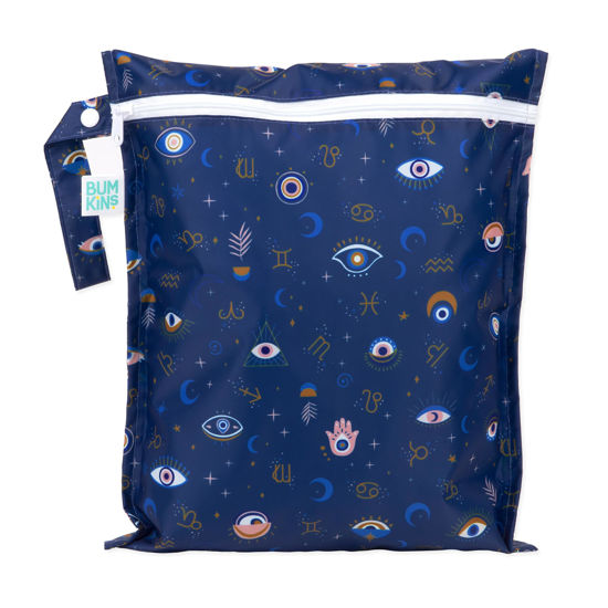 Picture of Bumkins Waterproof Wet Bag for Baby, Travel, Swim Suit, Cloth Diapers, Pump Parts, Pool, Gym Clothes, Toiletry, Hook to Stroller, Pack for Daycare, Zipper Reusable Bag, Wetdry Packing Pouch, Evil Eye