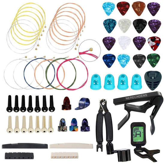Picture of 66PCS Guitar Accessories Kit, Acoustic Guitar Changing Tool, Including Acoustic Strings, Guitar Picks, Capo, String Winder&Cutter, Tuner, Guitar Bones,for Guitar Players and Guitar Beginners