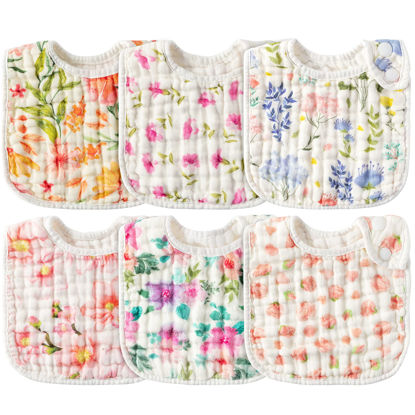 Picture of Zainpe 6Pcs Snap Muslin Cotton Baby Bibs Flowers Pattern Infants Feeding Bib Adjustable Machine Washable Girls Burp Cloths Unisex Drool Cloth with 6 Absorbent & Soft Layers for Eating and Teething