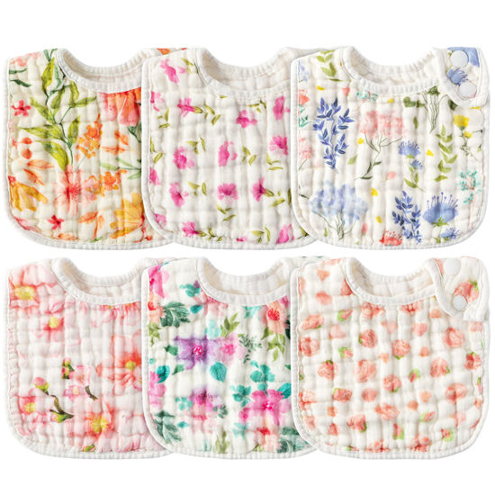 Picture of Zainpe 6Pcs Snap Muslin Cotton Baby Bibs Flowers Pattern Infants Feeding Bib Adjustable Machine Washable Girls Burp Cloths Unisex Drool Cloth with 6 Absorbent & Soft Layers for Eating and Teething