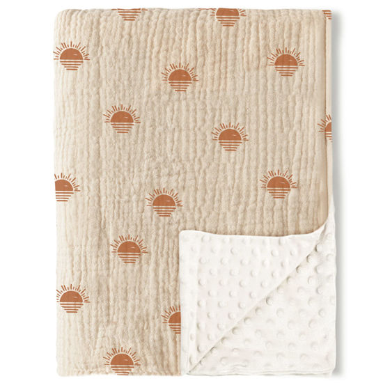 Picture of Konssy Baby Blankets for Unisex Boys Girls, Super Soft Nursery Minky Blankets with Muslin Cotton Front and Dotted Fleece Backing, Printed Bed Throws Newborn