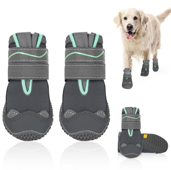 Picture of SlowTon Dog Shoes for Large Small Medium Dogs - Waterproof Dog Boots for Summer Hot Pavement, Paw Protector for Outdoor Walking Winter Snow, Anti-Slip Rubber Dog Booties for Hard Floor (GY, 8)