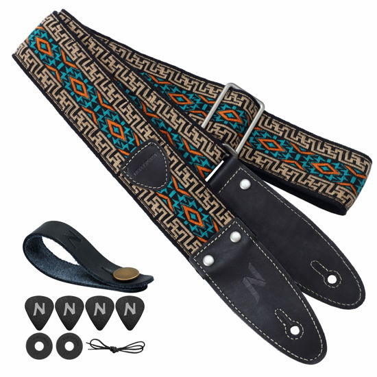 Picture of Nefelibata Guitar Strap, 2" Jacquard Embroidered Cotton Guitar Strap with Double-Length Leather Ends with Guitar Pick Pocket for Bass, Electric and Acoustic Guitars(Vintage Green Plaid)