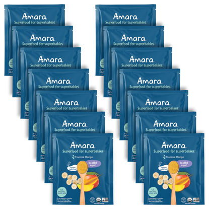 Picture of Amara Organic Baby Food - Stage 2 - Tropical Mango - Baby Cereal to Mix With Breastmilk, Water or Baby Formula - Shelf Stable Baby Food Pouches Made from Organic Fruit - 14 Pouches, 3.5oz Per Serving
